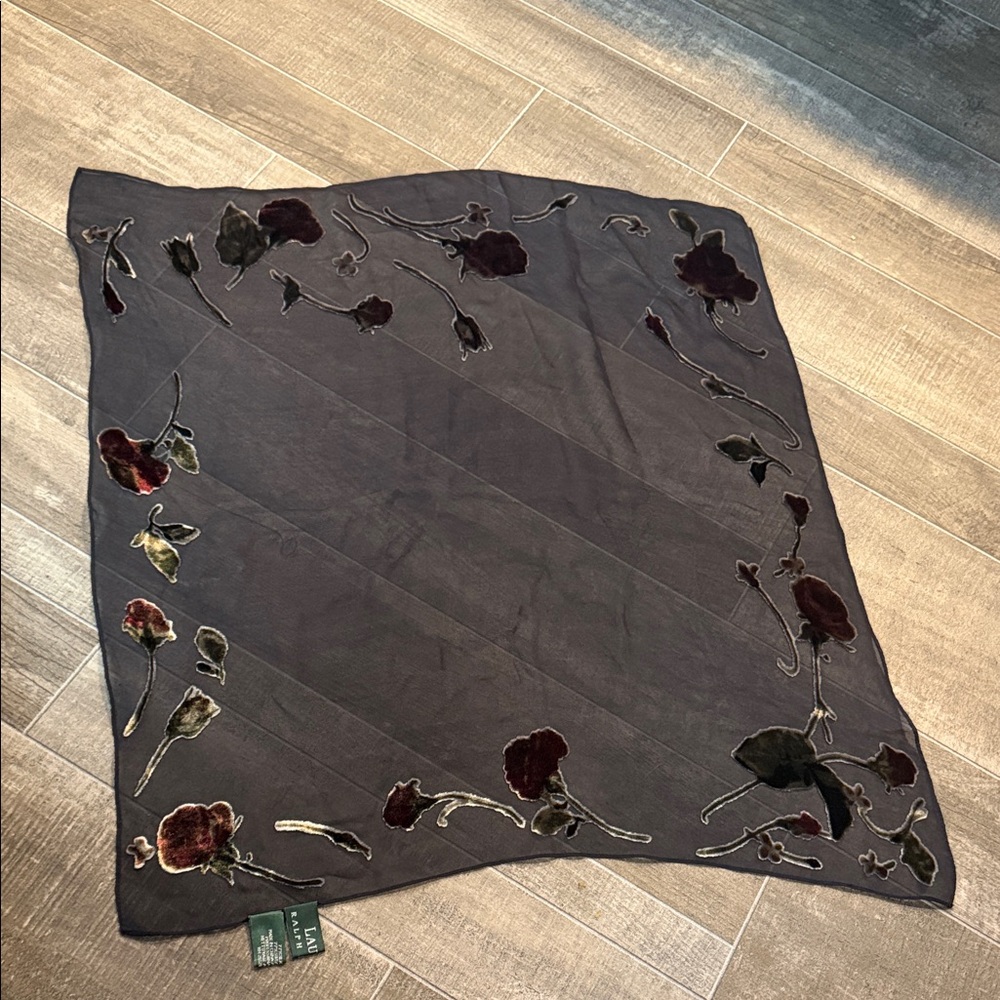 Lauren Ralph Lauren Charcoal Scarf with Velvet Floral Design burnout pattern